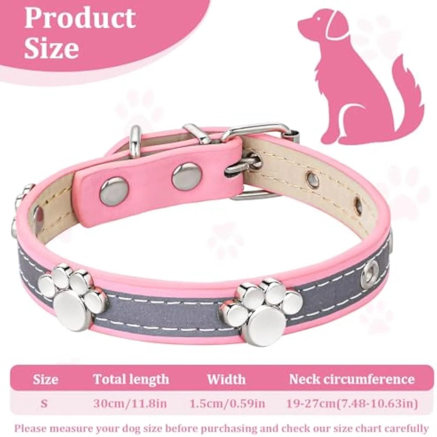Reflective leather dog collar with paw-shaped rivets and adjustable metal buckle