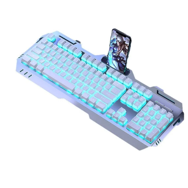 G9 mechanical gaming keyboard with aluminium frame and control knob in silver black, white ice blue, or gray rainbow colours