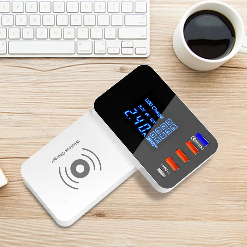 White multi USB port and 10W wireless fast charger with long cable and EU, UK, US plug adapters.