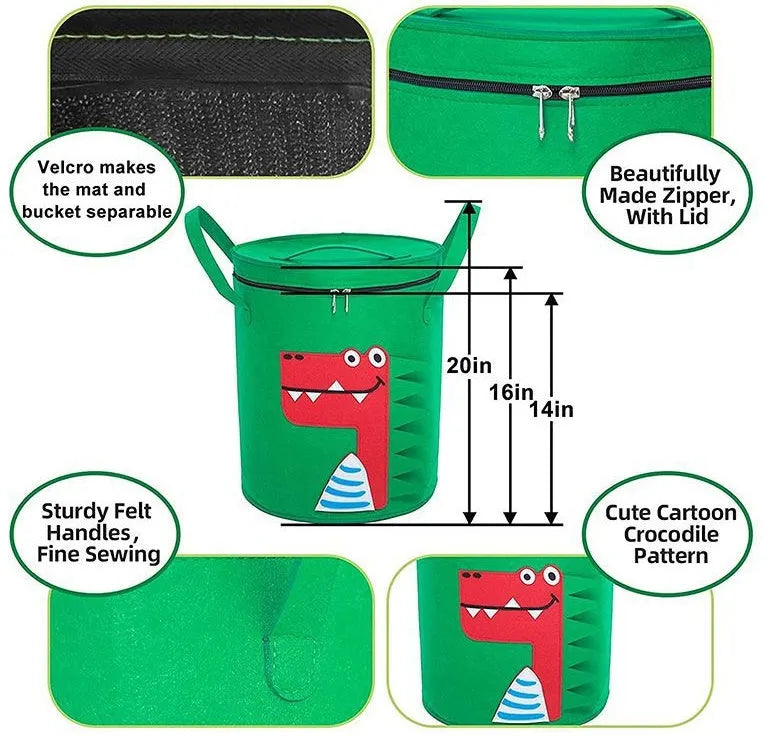 Green felt cube storage bag with pull rope handles that converts to toy play mat