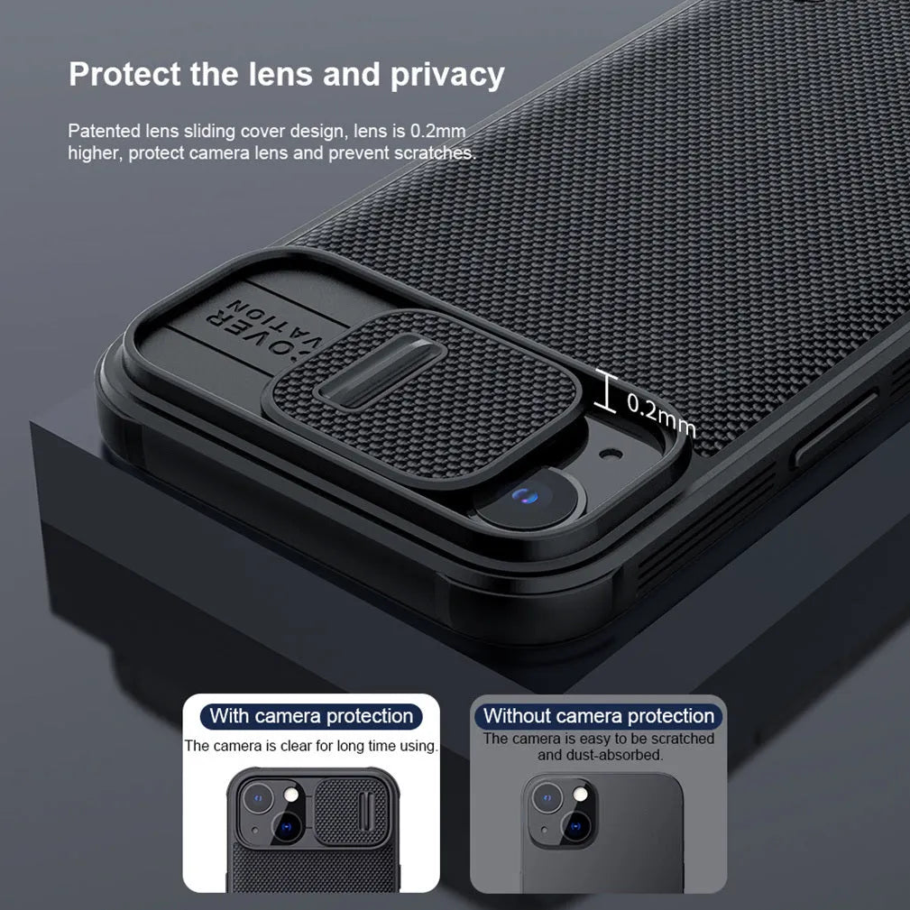 Black textured back cover protective phone case for Apple iPhone 13 Pro Max on a table.