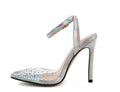 Women's pointed-toe sandals with diamond decoration and a thin stiletto heel.