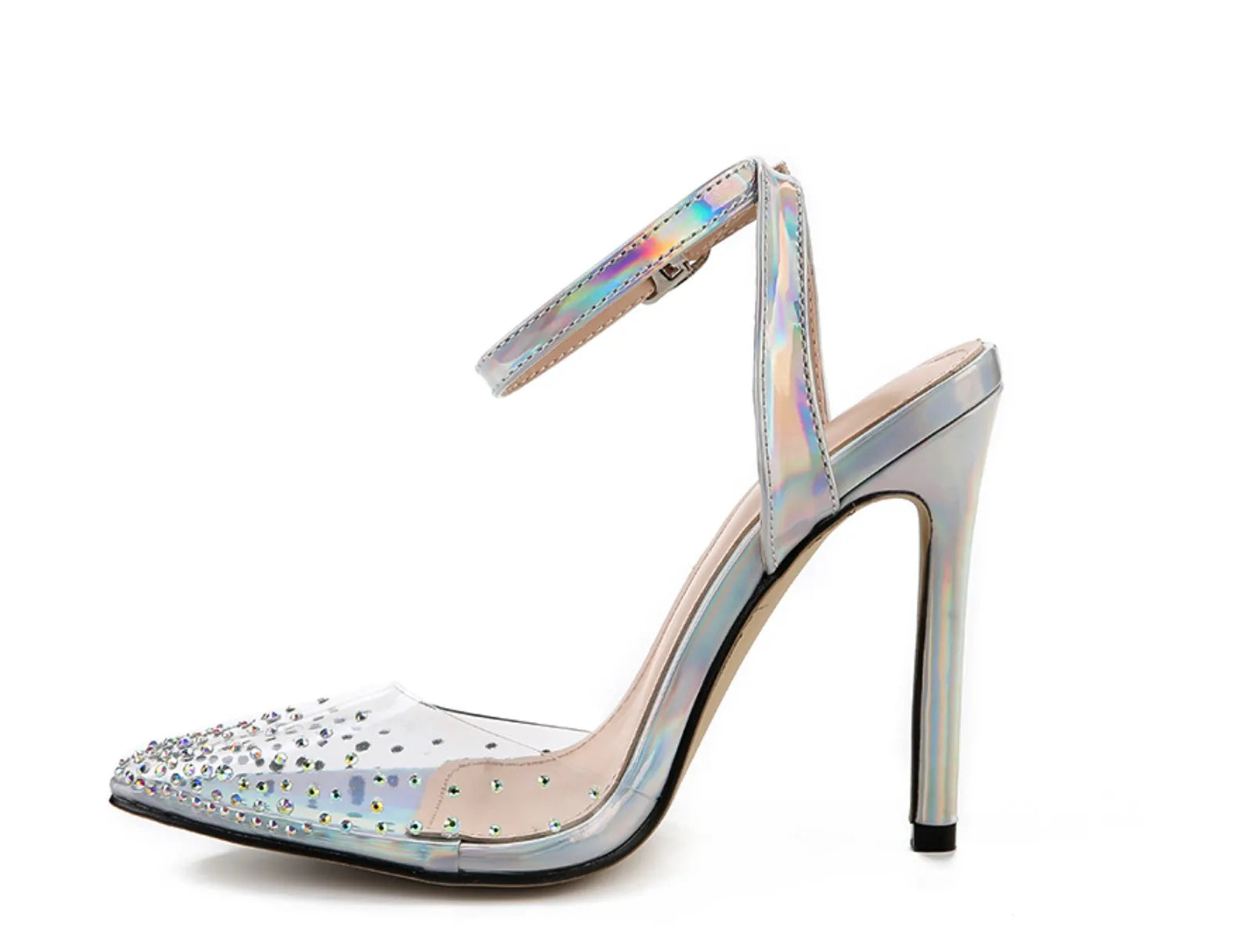 Women's pointed-toe sandals with diamond decoration and a thin stiletto heel.