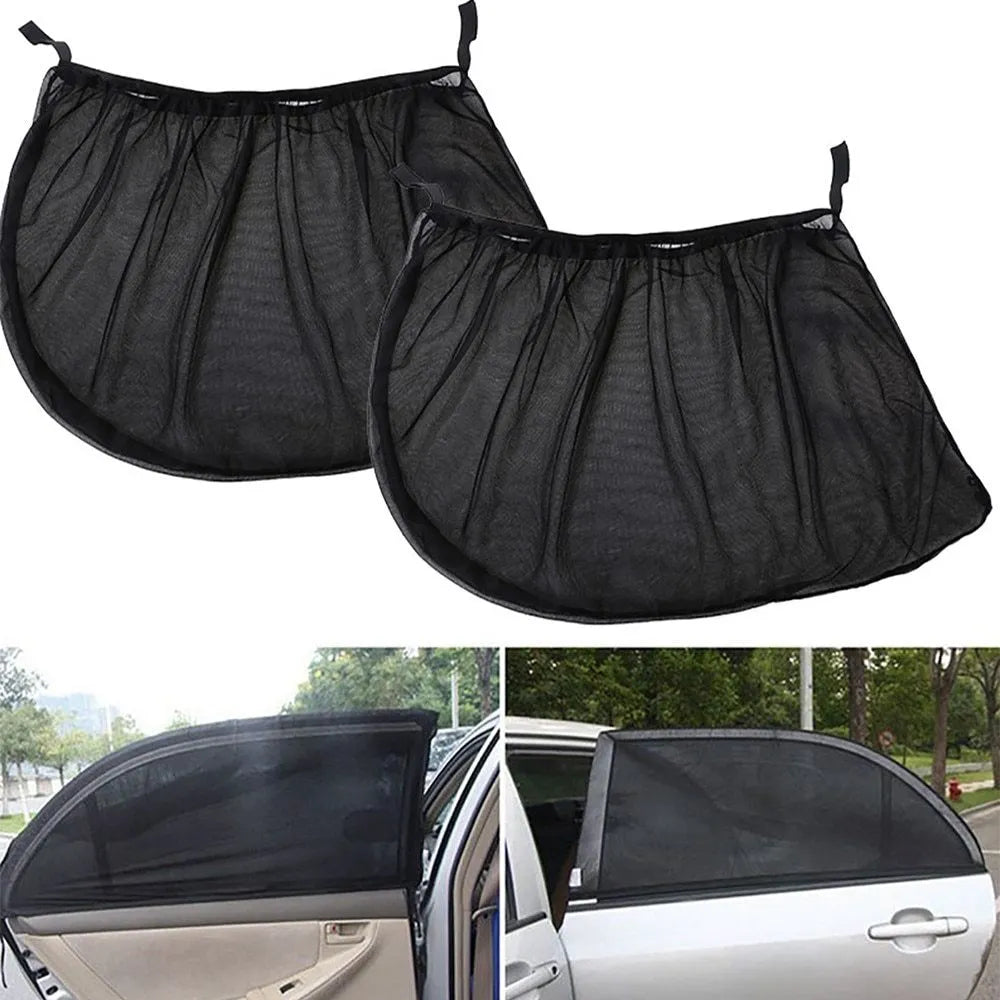Black polyester mesh car window sunshade with elastic band, sizes 100x54cm to 113x50cm, UV mosquito dust shield