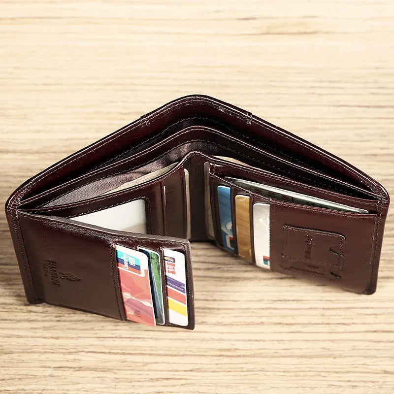 Men's brown leather bifold wallet open to show photo slot, card slots, billfold, and coin pocket.
