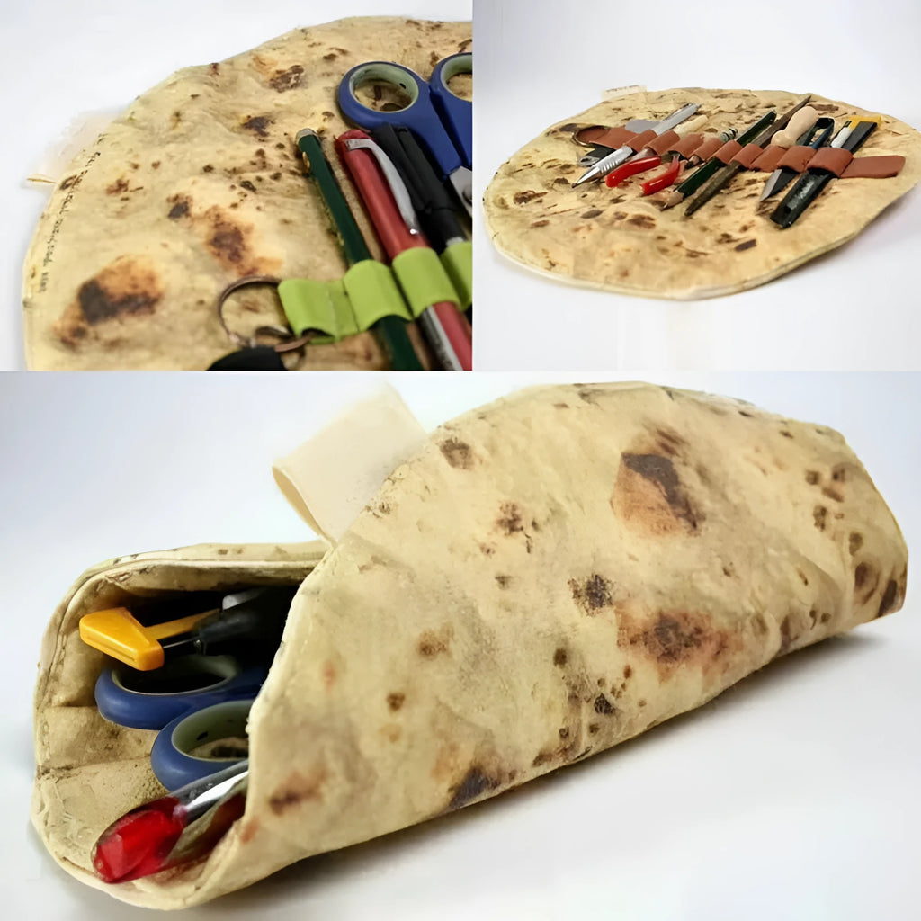 Fabric simulation burrito pencil case in clay oven rolls style, 22cm square, on a desk with pens inside