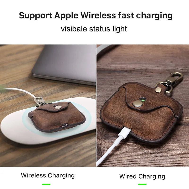 Brown leather clamshell case for AirPods Pro with crazy horse pattern texture and vintage styling