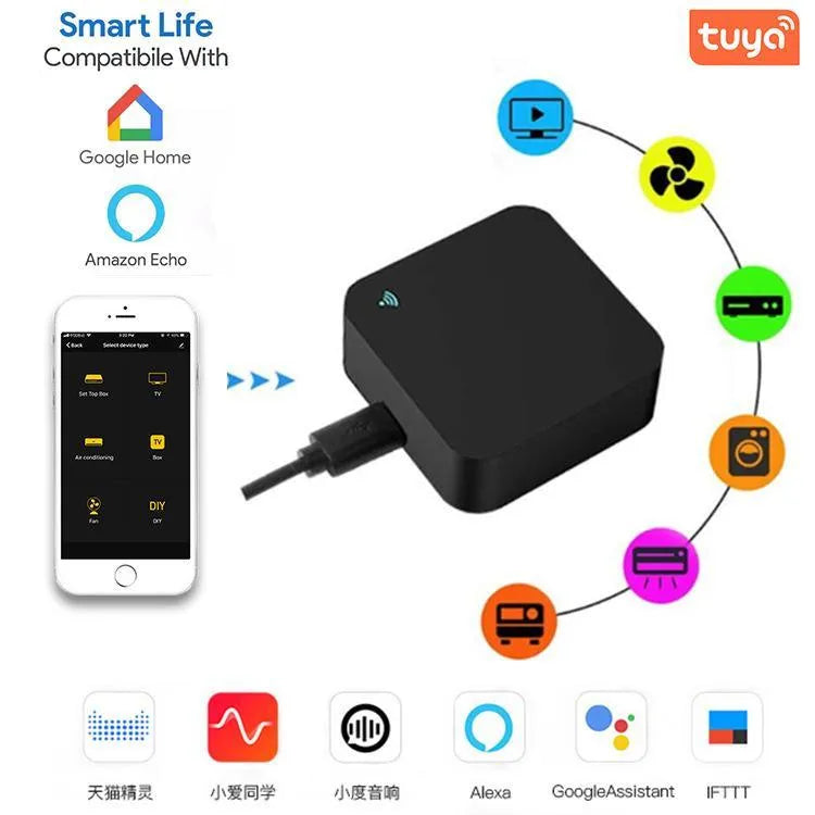 Black universal infrared remote control for voice assistant systems with USB cable