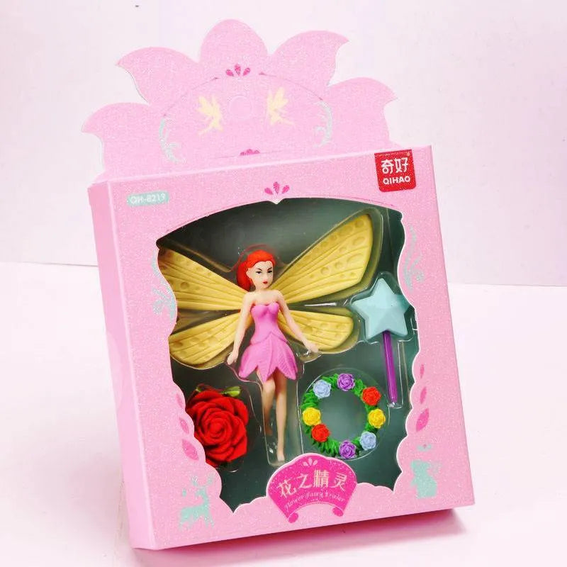Box of 12 Flower Fairy and Mermaid TPR eraser suits for art modification, each 14x13cm.