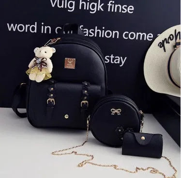 Women's 3-piece leather bag set showing backpack, shoulder bag, and card wallet with floral design