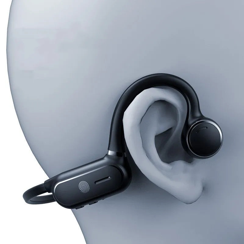 Black air conduction Bluetooth wireless earphone with a flexible titanium alloy frame and touch controls.