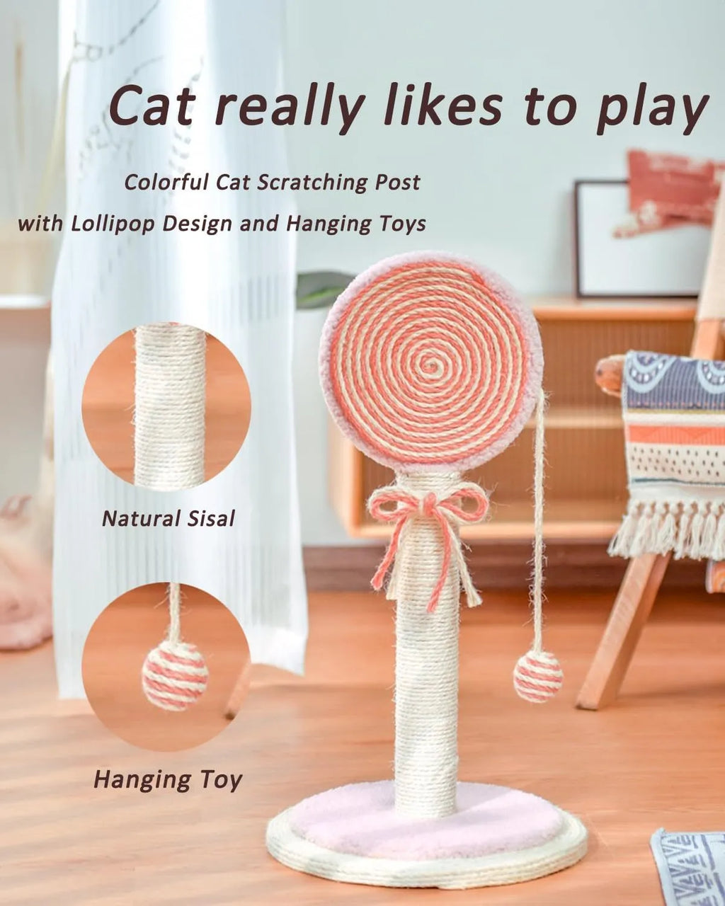 Natural sisal cat scratching post with hanging ball in blue, orange, and pink colour options
