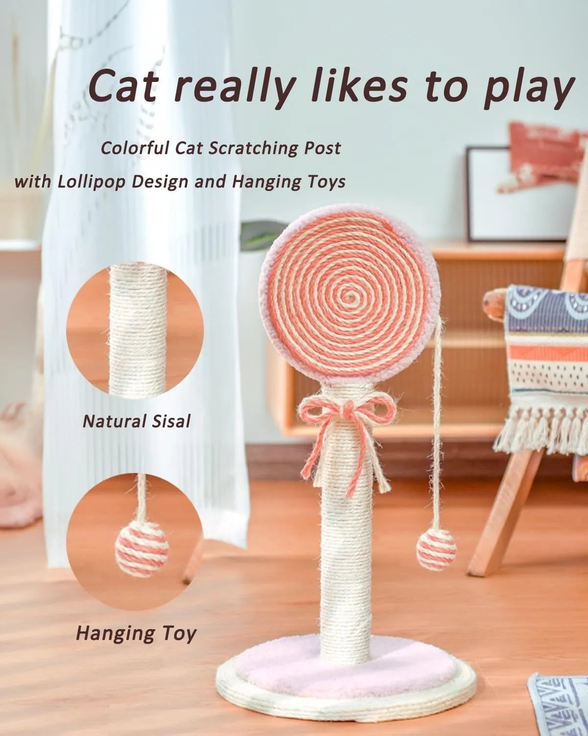 Natural sisal cat scratching post with hanging ball in blue, orange, and pink colour options