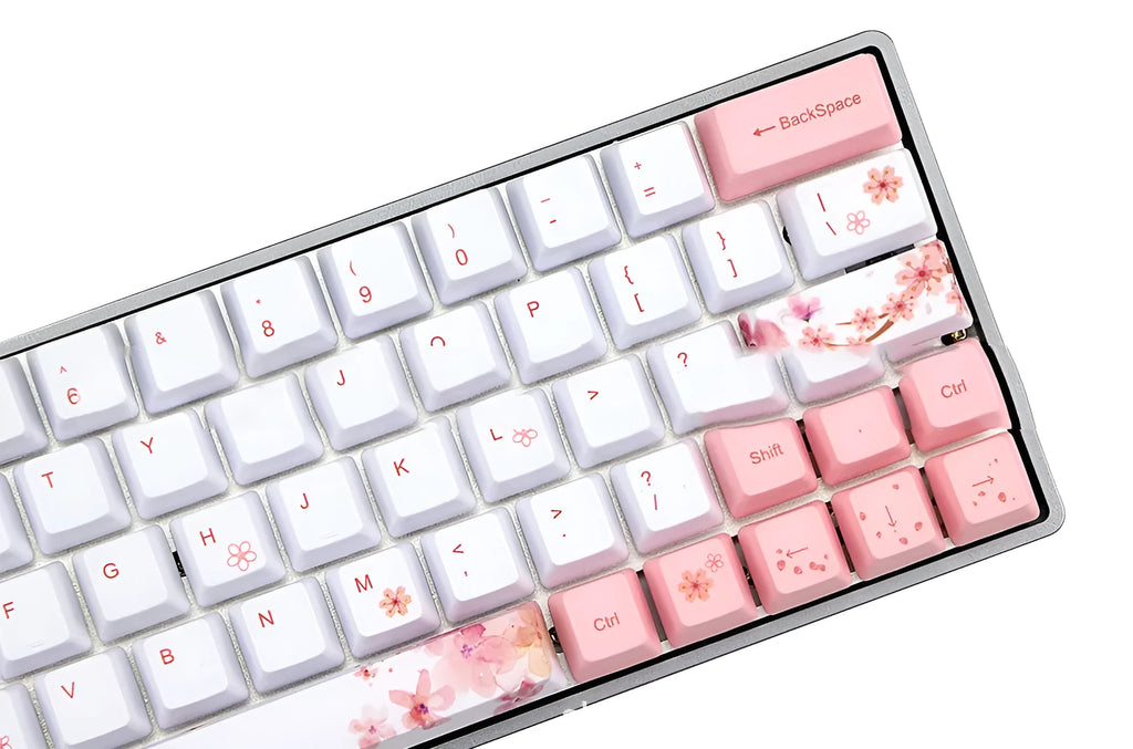 Pink PBT mechanical keyboard key caps with high five-sided sublimation design on black keyboard