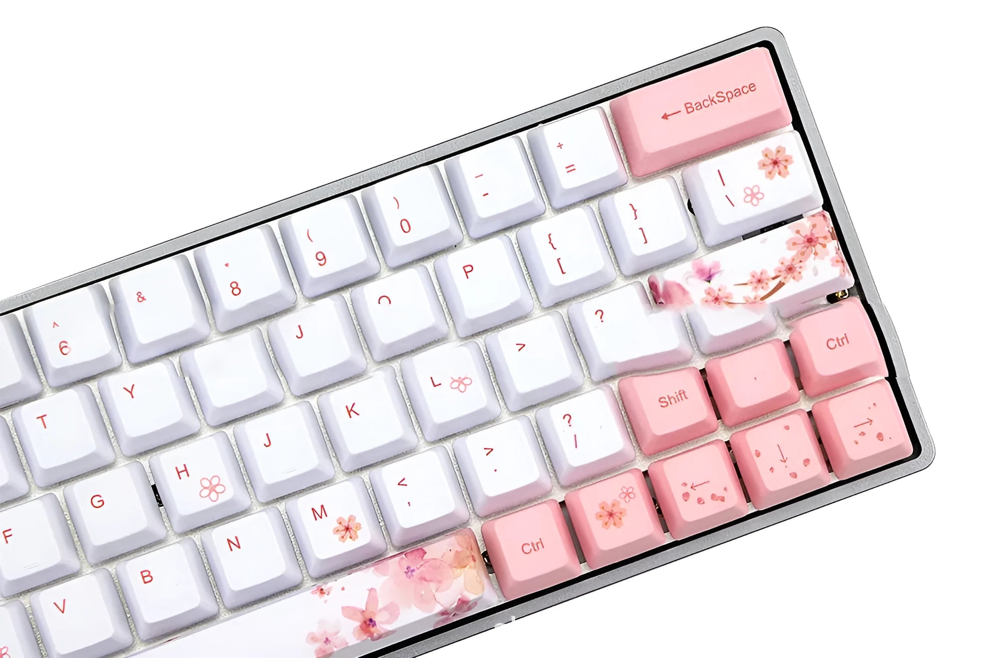 Pink PBT mechanical keyboard key caps with high five-sided sublimation design on black keyboard