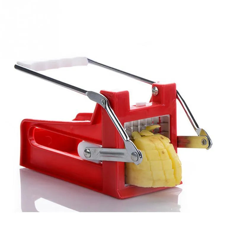 Potato cutter with two stainless steel blades and non-slip rubber base