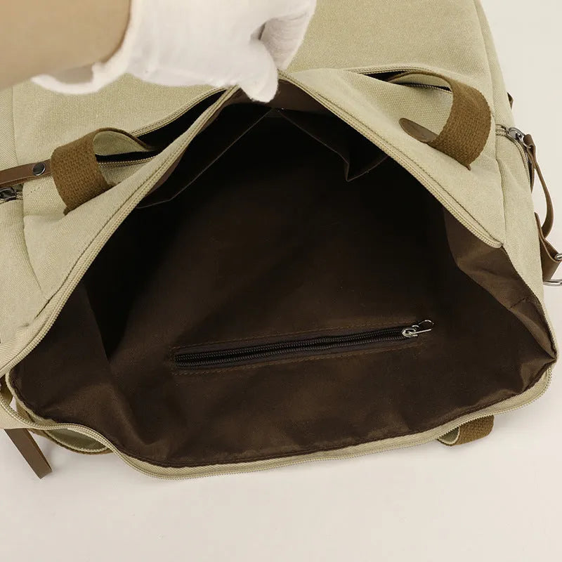 Women's retro canvas shoulder bag in horizontal square shape with multiple compartments