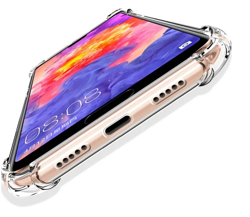 Transparent TPU airbag drop-resistant phone case for Huawei and Honor smartphones on a white background.