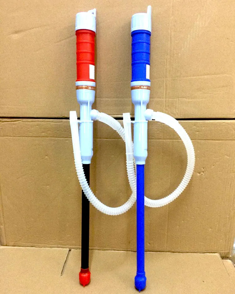 Blue and red manual hand siphon pump for transferring gasoline and liquids.