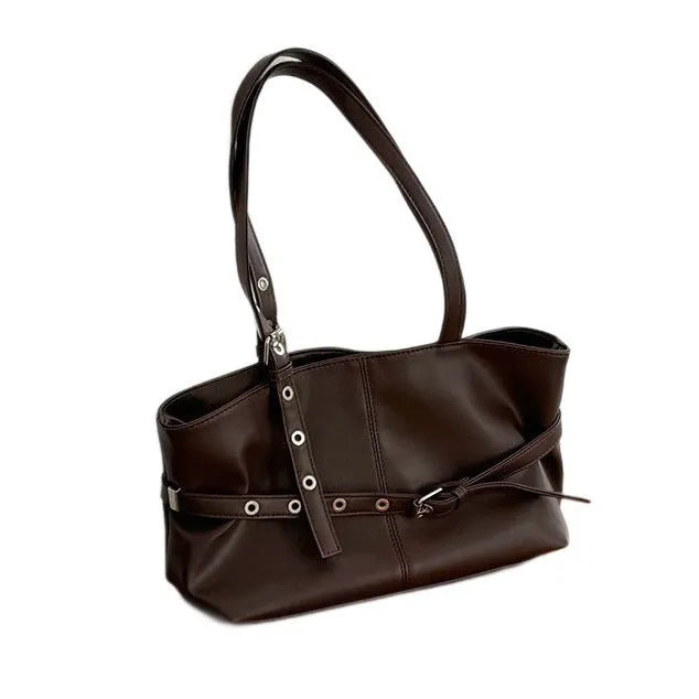 Women's large capacity PU shoulder bag in black with visible sewing line detail and horizontal square shape