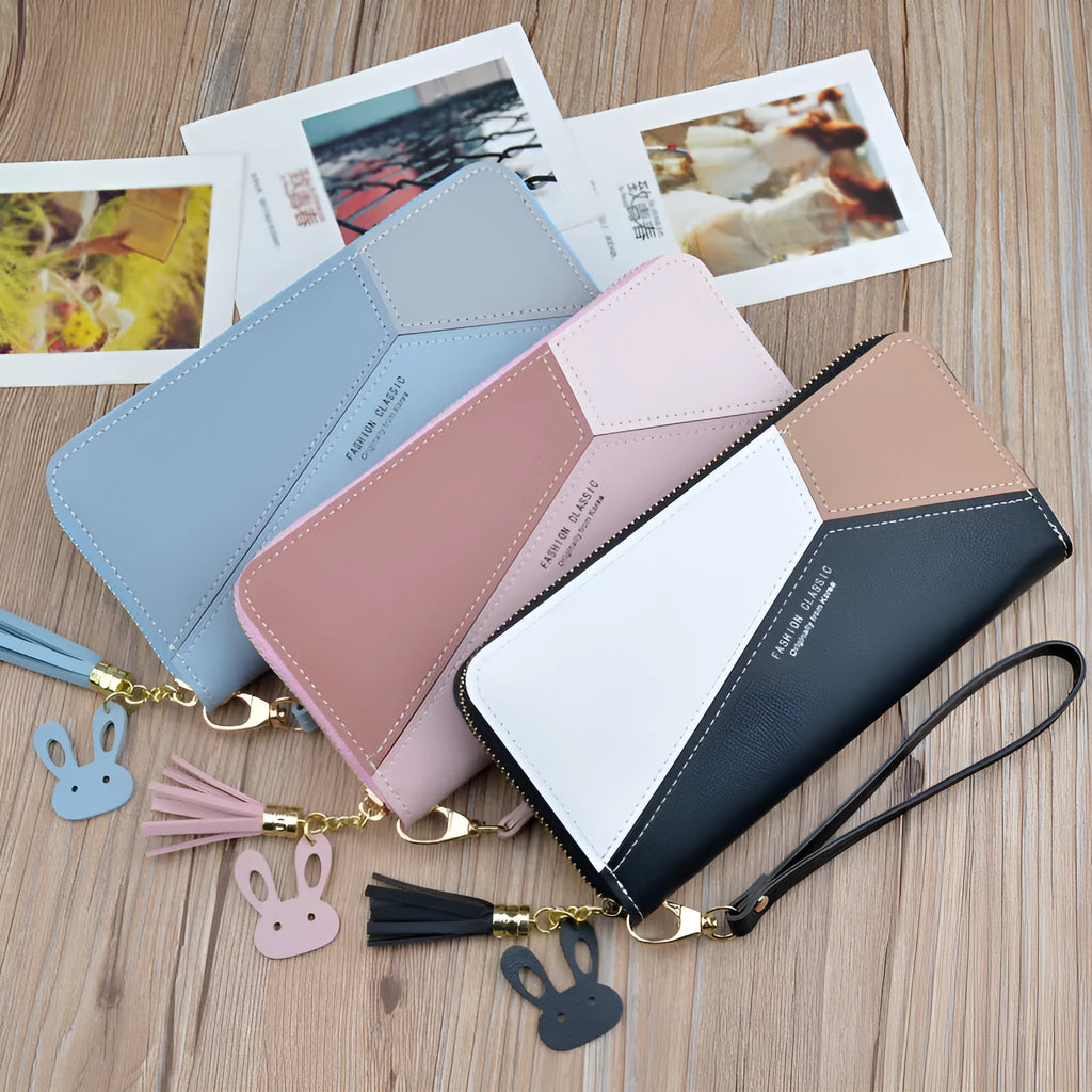 Women's horizontal square clutch bag with zipper, tassel, stitching, card slot, bill holder, in black, blue, or pink