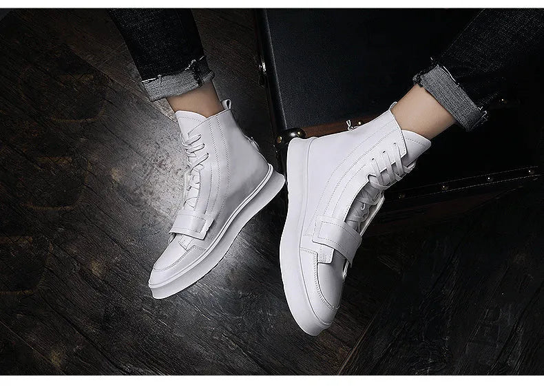 Men's black and white microfiber leather ankle boots in high-top sneaker style, shown with size chart.