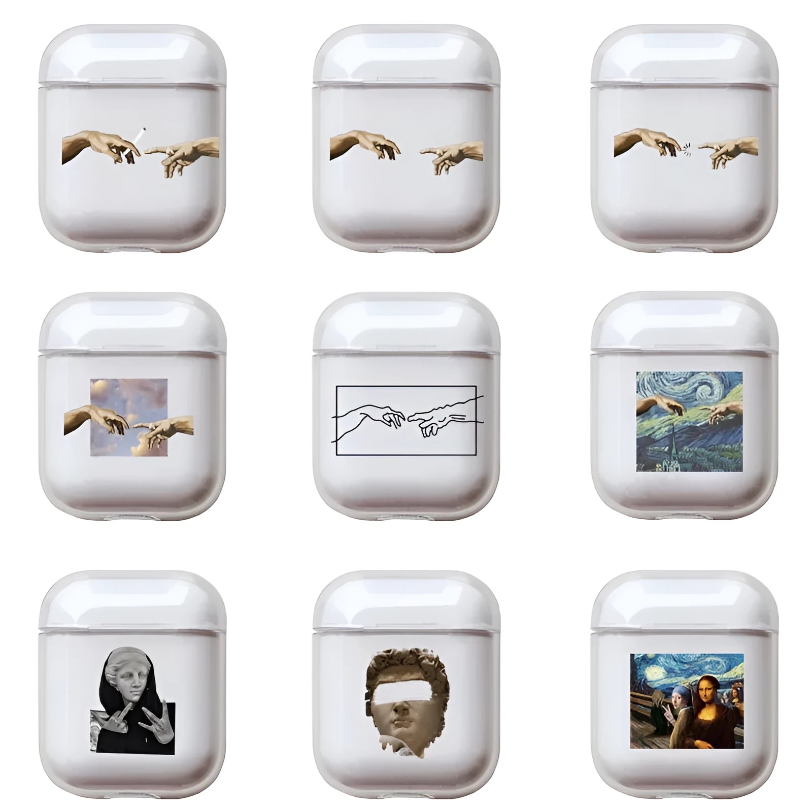 Transparent plastic protective cover for Apple AirPods case showing colour style options.