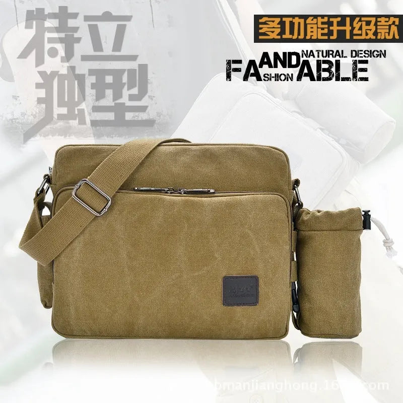 Manjianghong new canvas shoulder bag retro trend men's business metrosexual inclined shoulder bag in colour variant, front view