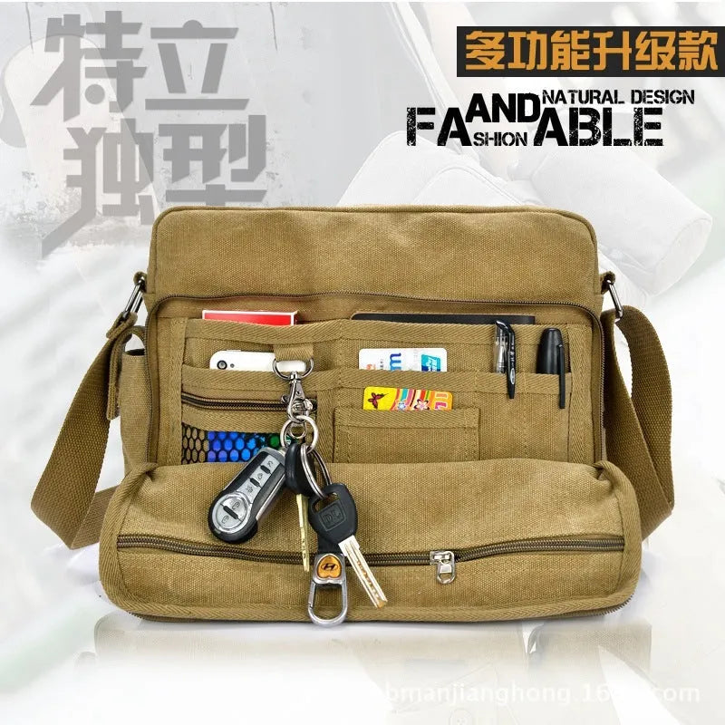 Manjianghong new canvas shoulder bag retro trend men's business metrosexual inclined shoulder bag in colour variant, front view