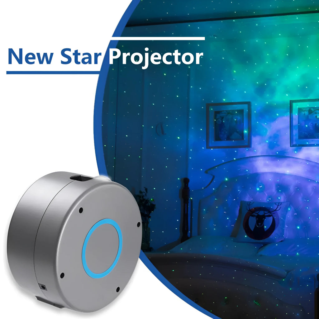 Grey starry sky projection lamp with remote control on a table, projecting light onto a ceiling.