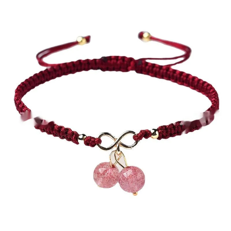 Natural Strawberry Quartz cherry-shaped bracelet for women on a white background.