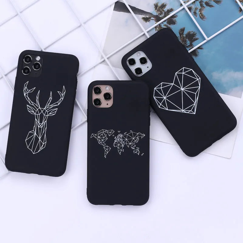 Animal line art painted TPU iPhone case showing graffiti-style cat, deer, horse, love, snake, and wolf designs on solid colour background