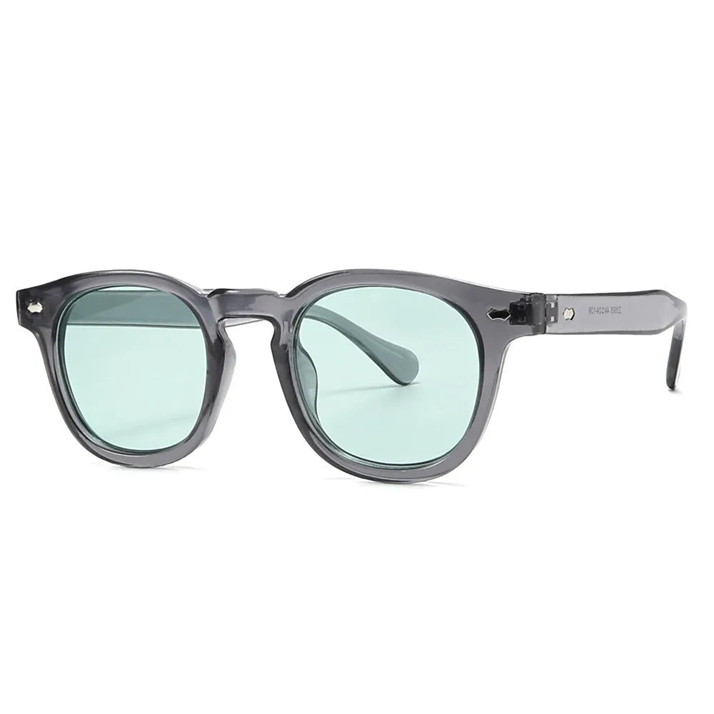 Round rim retro sunglasses with plastic frame on a solid background.