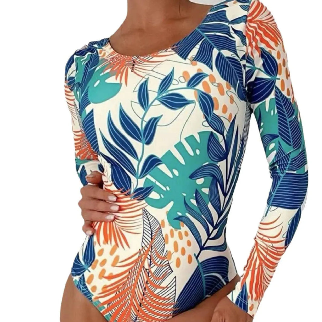 Women's backless one-piece swimsuit with floral pattern in blue, cyan, red, white, or yellow colours