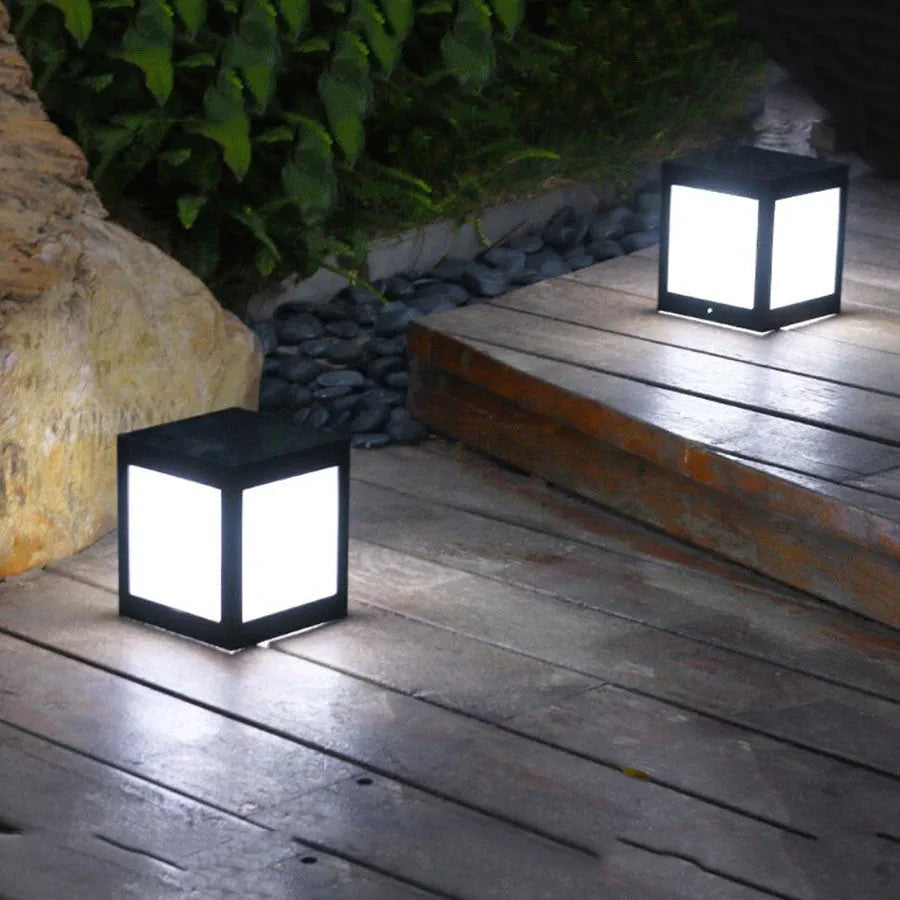 Set of solar-powered waterproof garden lights in different styles for outdoor use.