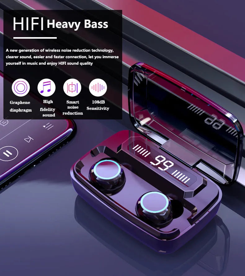 Black M11 wireless Bluetooth in-ear headphones with a matching charging case showing digital battery display.