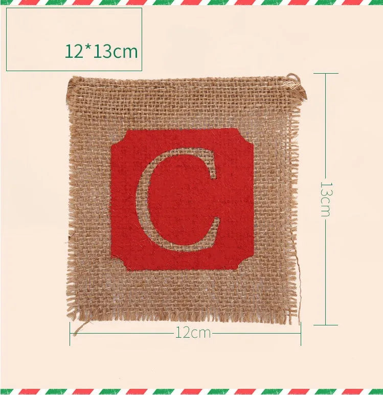 Brown and red burlap Christmas banner string with 14 fabric flags for wall decoration