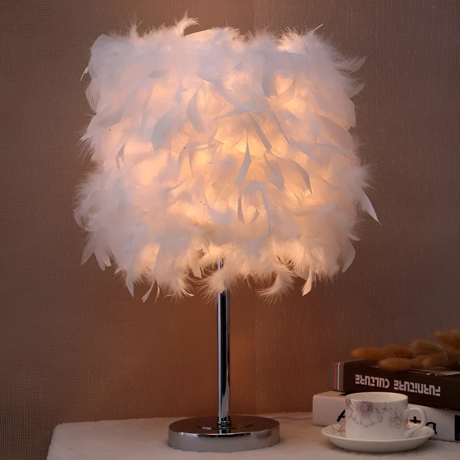 Feather bedside night light with fur shade and push button switch in pink colour option