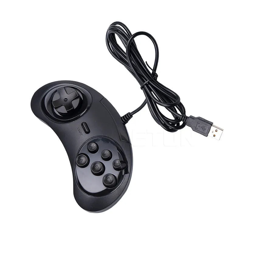 Black Sega USB PC game controller with 1.8 metre cable showing compact size
