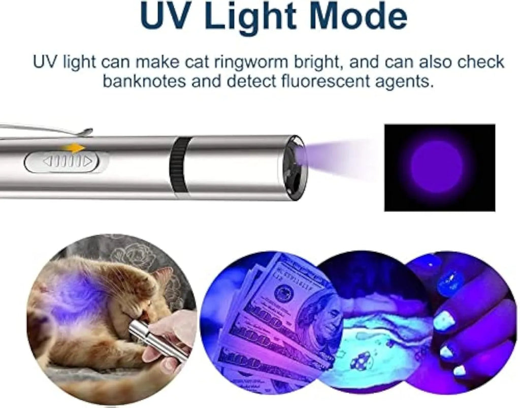 Silver aluminium alloy cat laser pointer toy with USB charging port and pattern selection