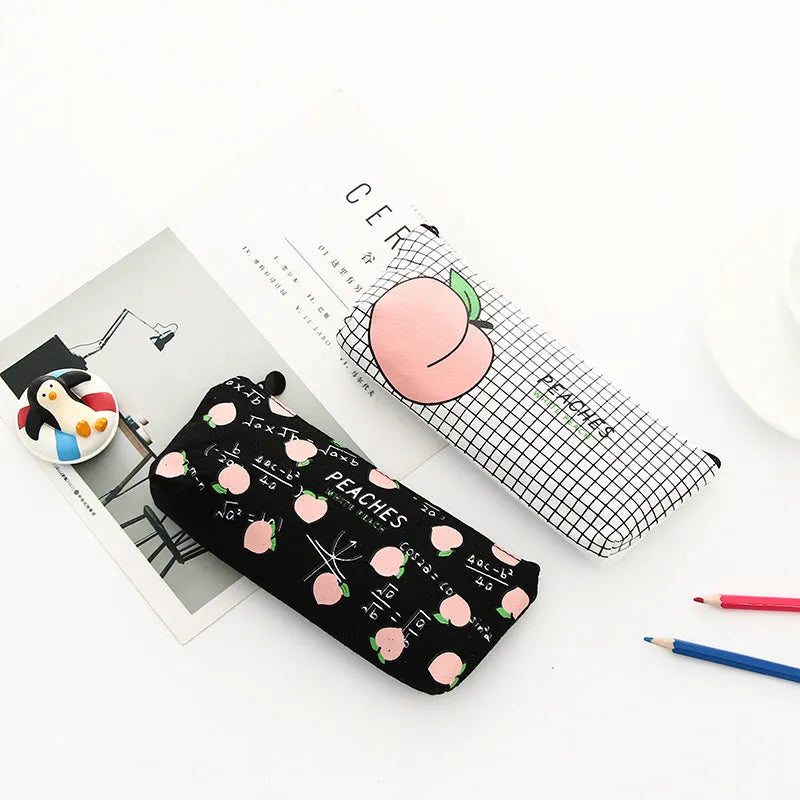 Rectangular canvas pen pouch 20x8.5cm with zip closure in Grid, White Peaches, black, or white