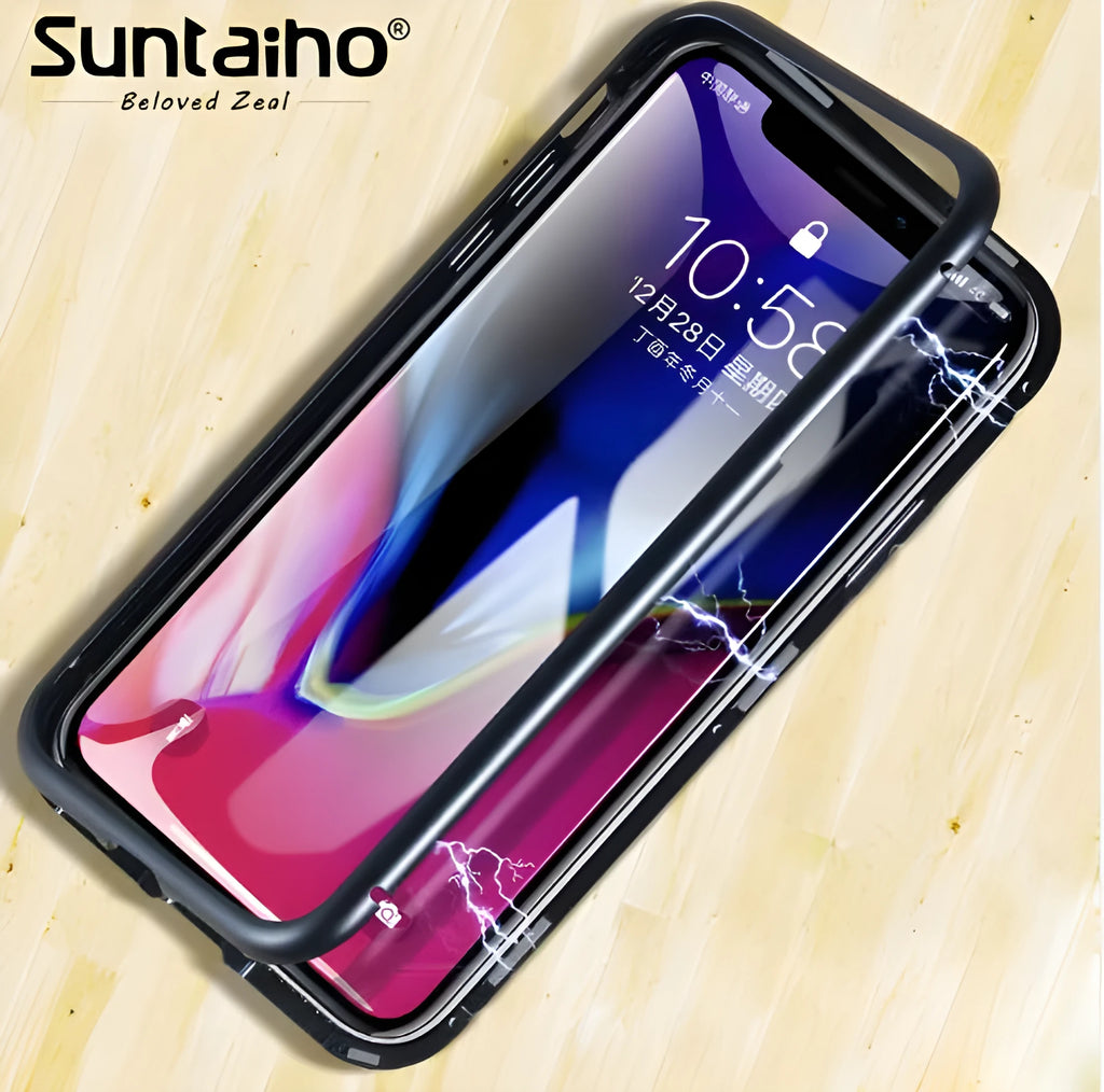 Suntaiho magnetic adsorption phone case with tempered glass back for iPhone models