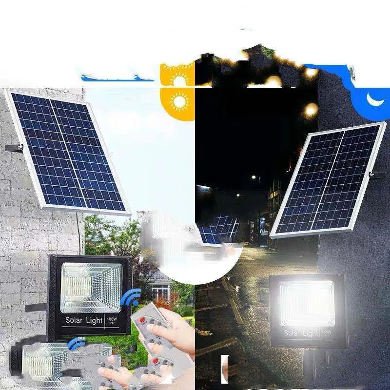 Black solar-powered LED flood light with remote control for outdoor use.