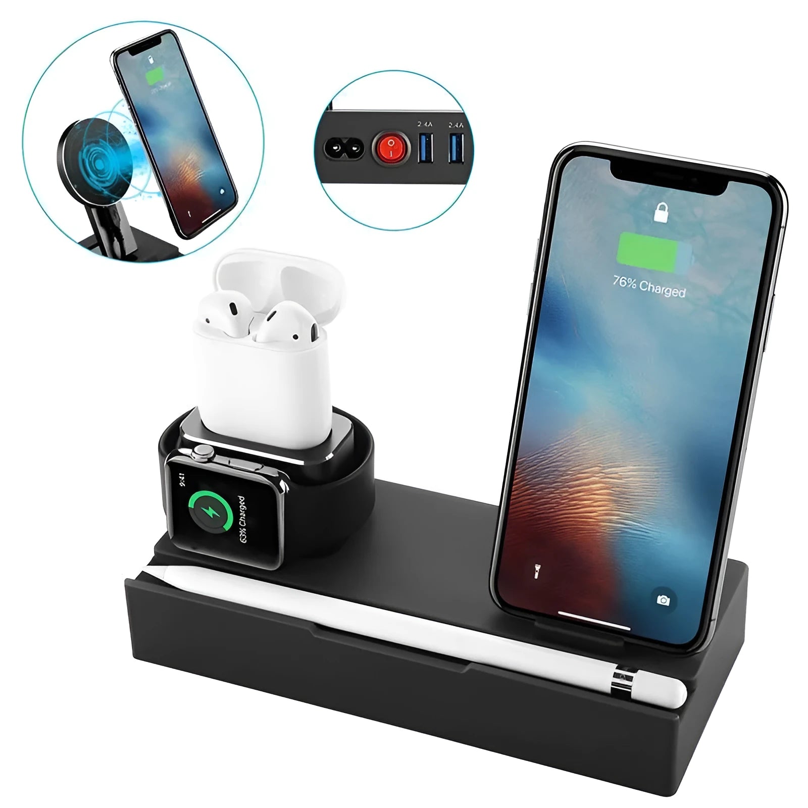Black eight-in-one wireless charging station bracket with five USB ports and a circular aluminium alloy wireless charging pad.