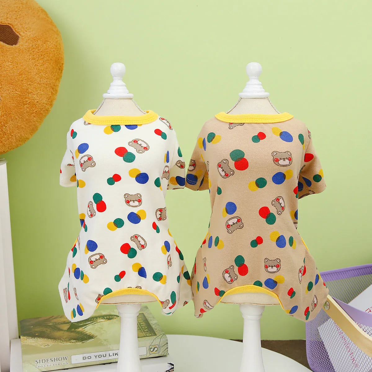 Dog wearing ball bear design cotton blend pet clothes in beige colour