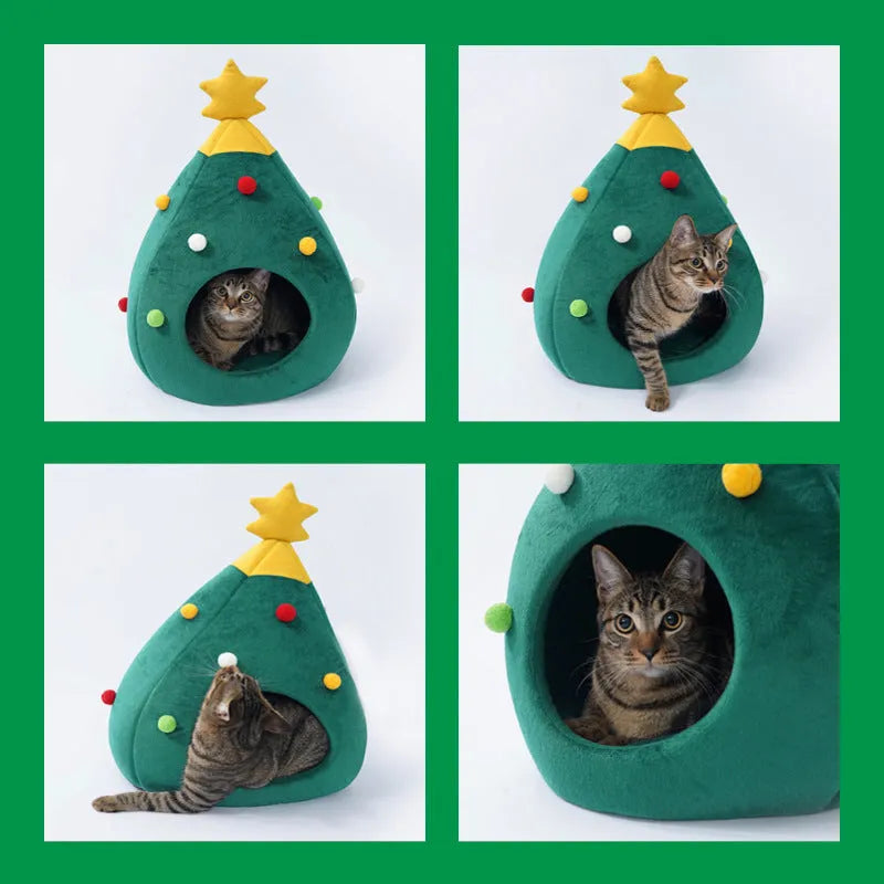 Christmas tree-shaped plush cave pet bed for cats and small dogs in three sizes.