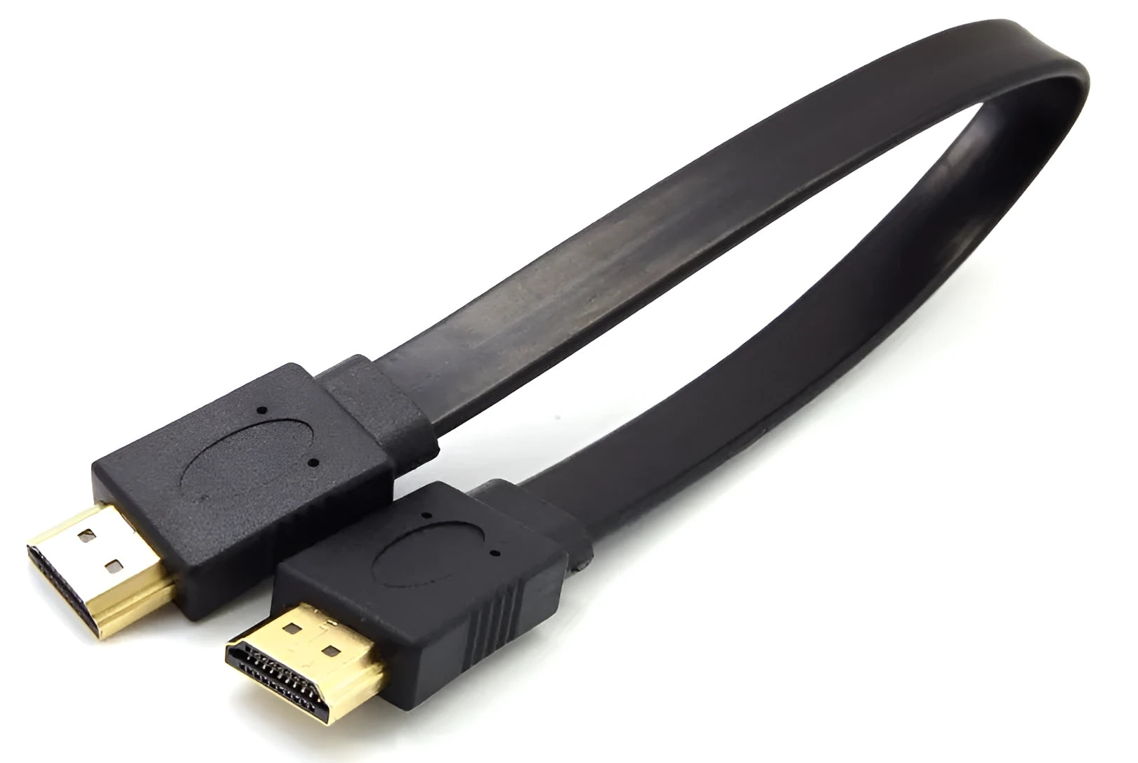 Flat black HDMI cable with gold-plated connectors shown in various lengths on a white background.