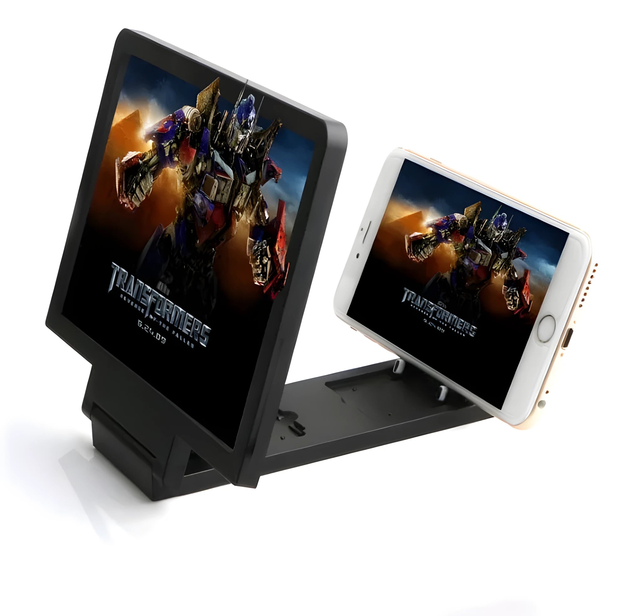Black foldable mobile phone stand with 3D screen amplifier and radiation protection
