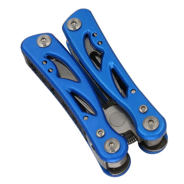 Blue stainless steel multi-function pliers and fruit knife tool folded, shown with its Oxford storage bag.