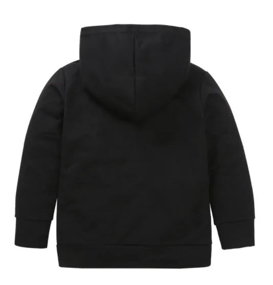 Black children's hooded sweater with white letter pattern, long sleeves, and a pullover neck.
